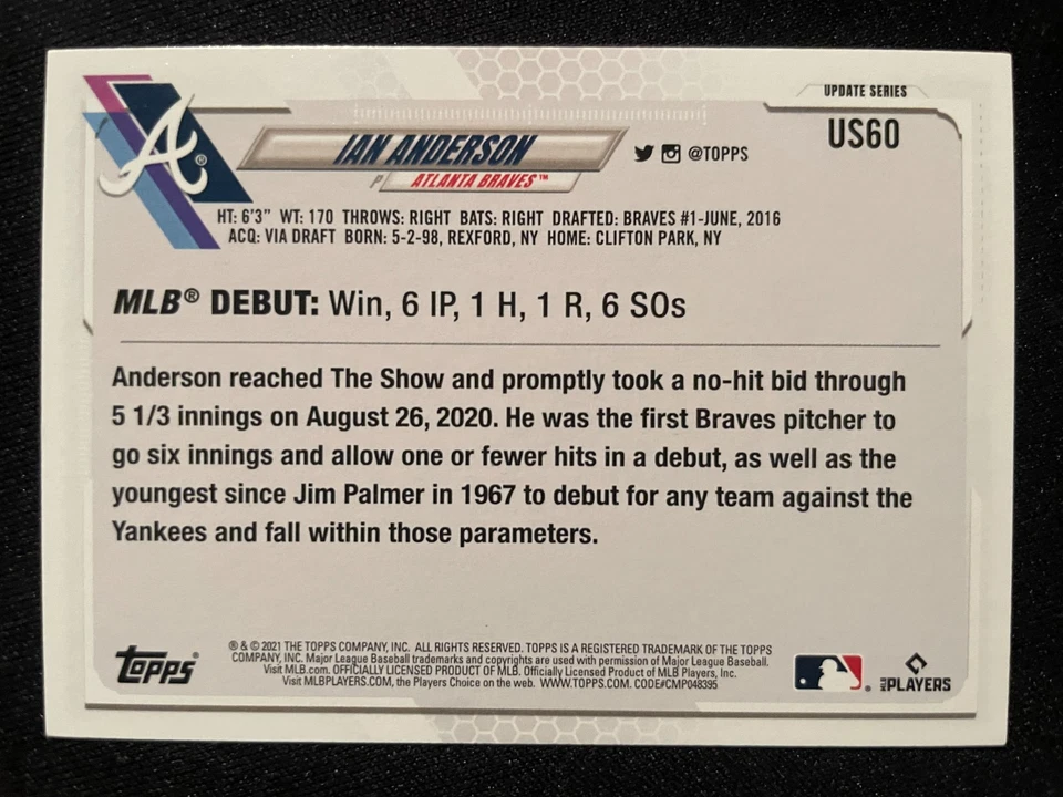 Ian ANDERSON RC 2021 Topps Update Series #US60 Atlanta Braves - Image 2 of 2