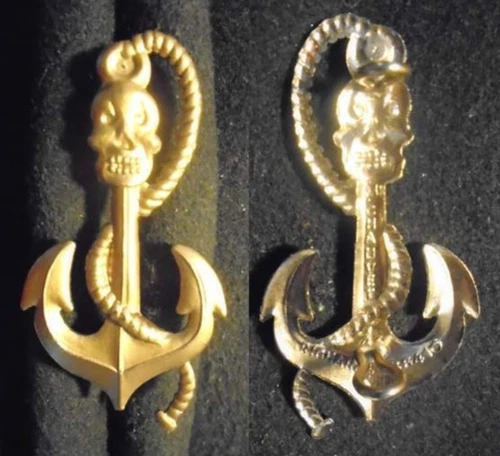 MILITARY BADGE - MUST BE IDENTIFIED - NAVY INK + SKULL - GOLD-BALD