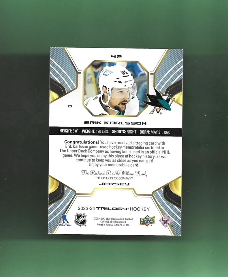 ERIK KARLSSON-SAN JOSE SHARKS! 2023-24 UD Trilogy GAME JERSEY # 42 - Image 2 of 2