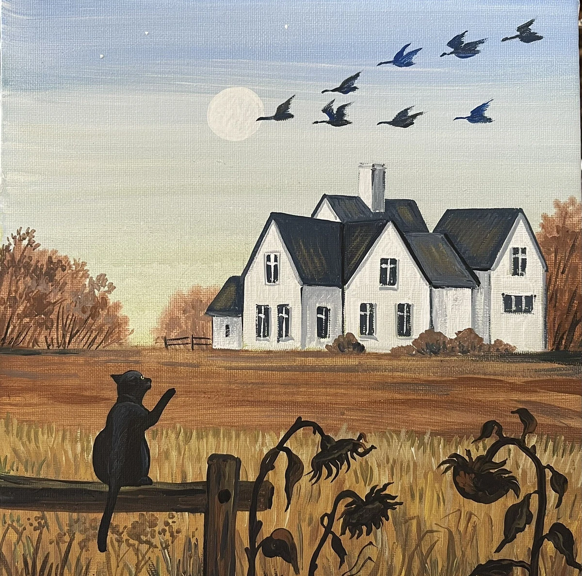 4x4 Print Of Painting Ryta Folk Art Black Cat Landscape Farm Fall Autumn  Duck 🍁