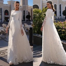 Luxury A-Line Wedding Dresses O-Neck Long Sleeved Satin Appliques Bridal Gowns