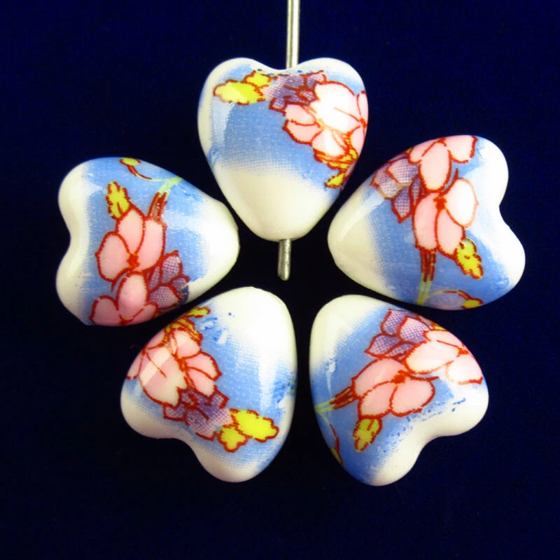 20Pcs 13x12x8mm Pink Blue Ceramic Porcelain Flower Heart Pendant Bead Y-680 - Image 2 of 4