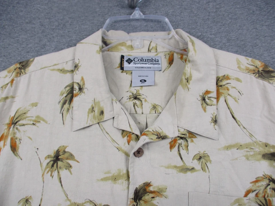Camisa Columbia XL Para Hombre Palmera Manga Corta Mezcla Seda Playa Foto 3 de 4
