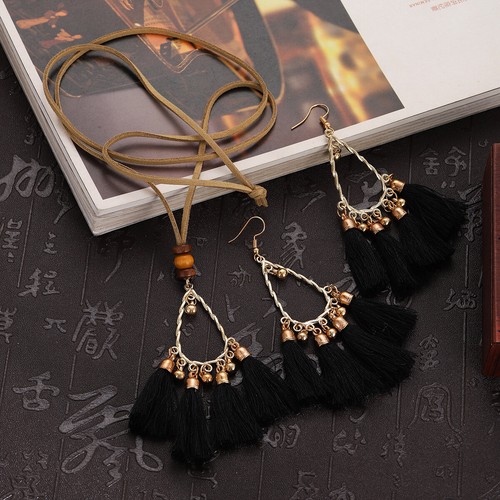 3 Pcs Bohemian Ethnic Long Fringe Tassel Earring Necklace Women Jewelry Set Gift - Picture 15 of 36