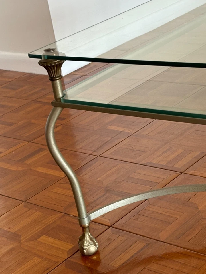 Maison Jansen Style Brass Brushed Steel & Glass Ball and Claw Foot Coffee Table - Image 4 of 4