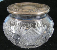 Antique Old Art Nouveau Sterling Silver Lid Cut Glass Vanity Dressing Powder Jar