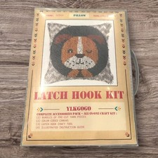NIP Latch Hook Kit Brown  White Puppy Dog Yarn, Cloth, Hook, Pattern 16 X 16