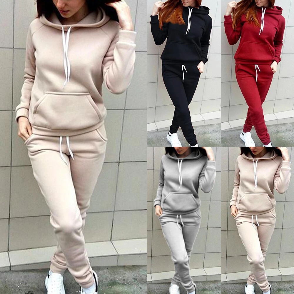 2Pcs Womens Casual Tracksuit Hoodie Sweatshirt Tops Pants Set