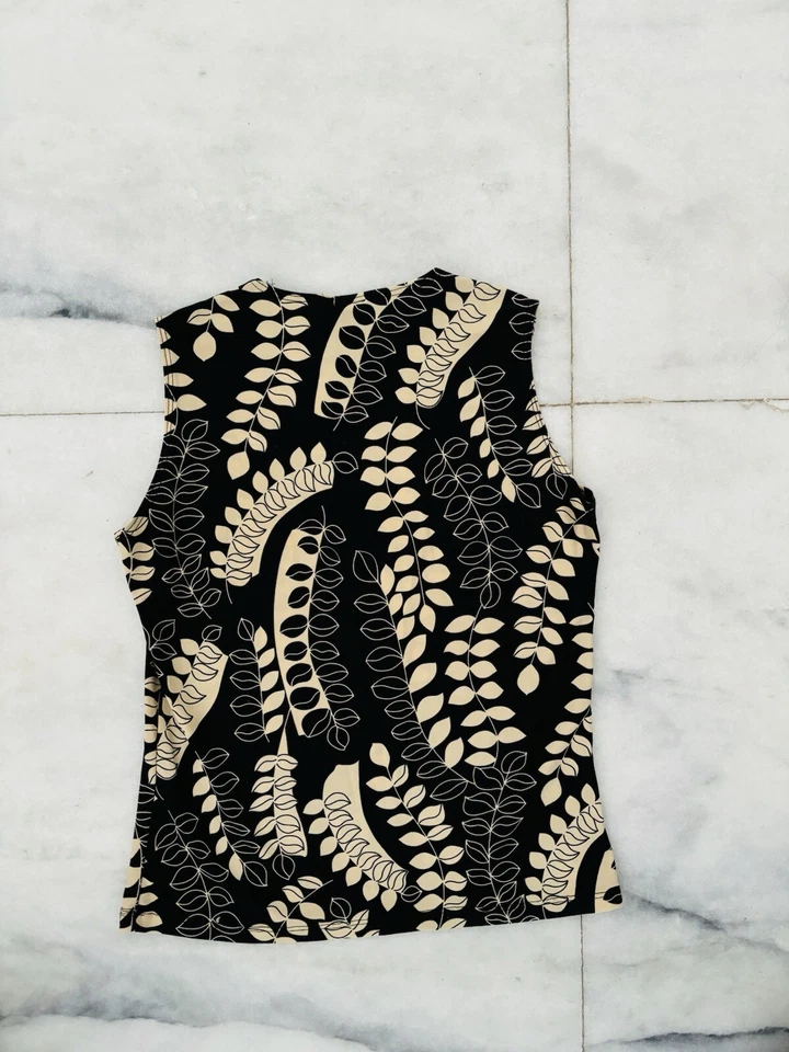 Blusa sin mangas vintage Suzie In The City negra beige estampado de hojas sin mangas pequeña Foto 2 de 4