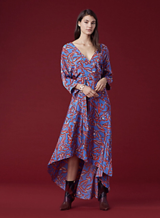 dvf eloise maxi dress XS 2 DVF Diane von Furstenberg ELOISE Floral Bouquet Faux Wrap Maxi Silk Dress
