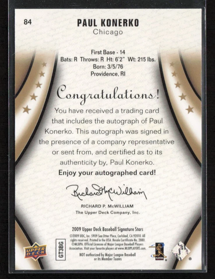 Paul Konerko 2009 Upper Deck Signature Stars #84 Gold Signatures/35 Foto 2 de 2