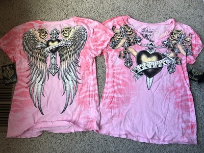 NWT WOMENS ARCHAIC BY AFFLICTION PINK/BLACK  V SHIRT W/CROSS HEART WINGS SIZE M