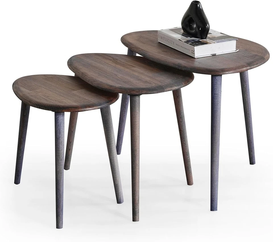 Mid-Century Modern Wood Nesting Coffee Table Set 3 Anthracite Oval Side End - Image 3 of 4