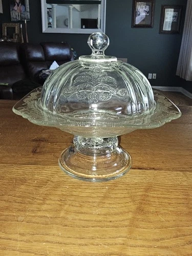 Federal Madrid Clear Depression Glass Butter Dish Dome Pedestal Covered Lid  Vtg