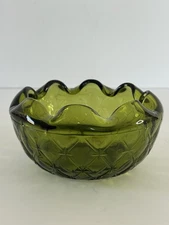 Vintage Avocado Green Glass Rose Bowl Indiana Glass Quilted Diamond Ruffle Dish