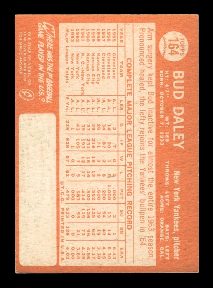 1964 Topps Set Break #164 Bud Daley EX-EX/MT *BNCARDS* - Image 2 of 2