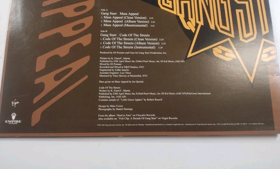 Gang Starr - Mass Appeal 1994 12" Vinyl Single Original Press - Image 3 of 4