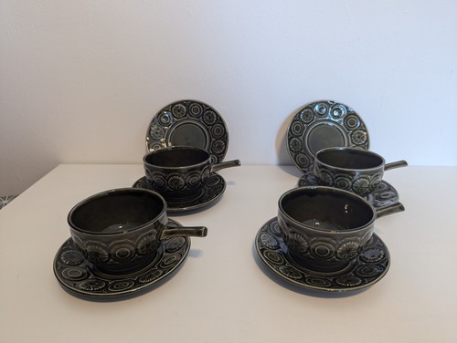 4x Tams Pottery Vintage 70s Soup Bowl Set retro green handles saucer + 2 plates - 第 1/7 張圖片