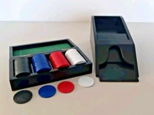 Card Dealer Shoe Wooden Black Casino and Matching Case of Chips 4 Colors