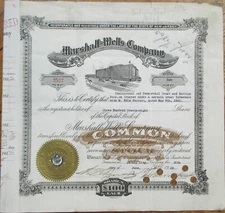 Marshall Wells Company 1923 Stock Certificate NJ Hardware Duluth MN Warehouse