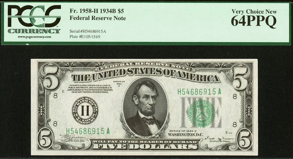 1934B $5 Federal Reserve Note PCGS 64PPQ - Vinson Signature - St. Louis - Image 3 of 4