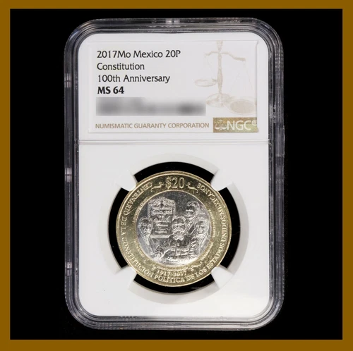 Mexico 20 Pesos Coin, 2017 Bimetallic 100th Anniversary Constitution NGC MS 64