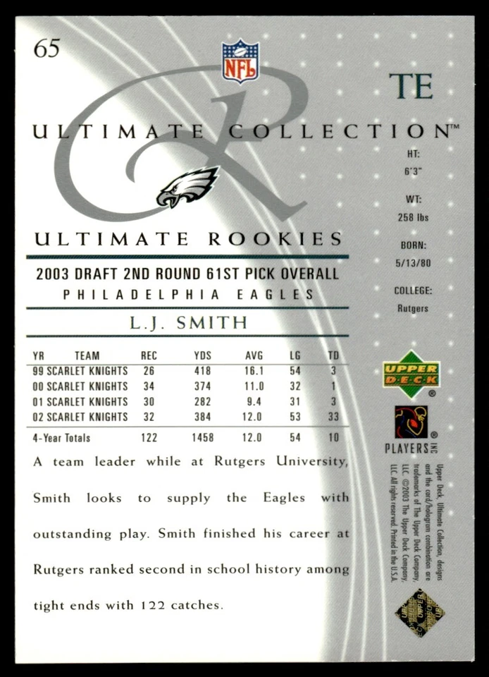 2003 Upper Deck Ultimate Collection L.J. Smith Rookie 287/750 Philadelphia - Image 2 of 2