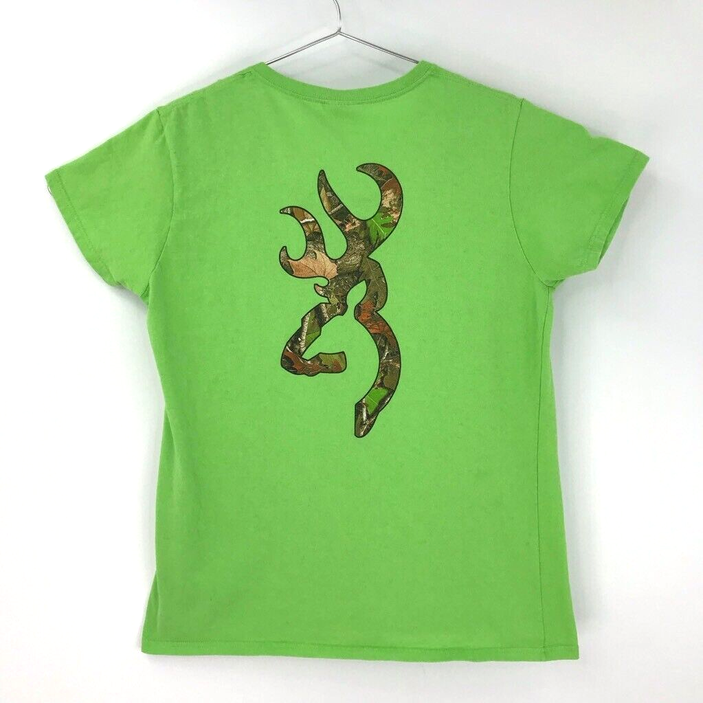 Browning Womens Buckmark T-Shirt Green Brown Leaves Antlers Logo 100%  Cotton L