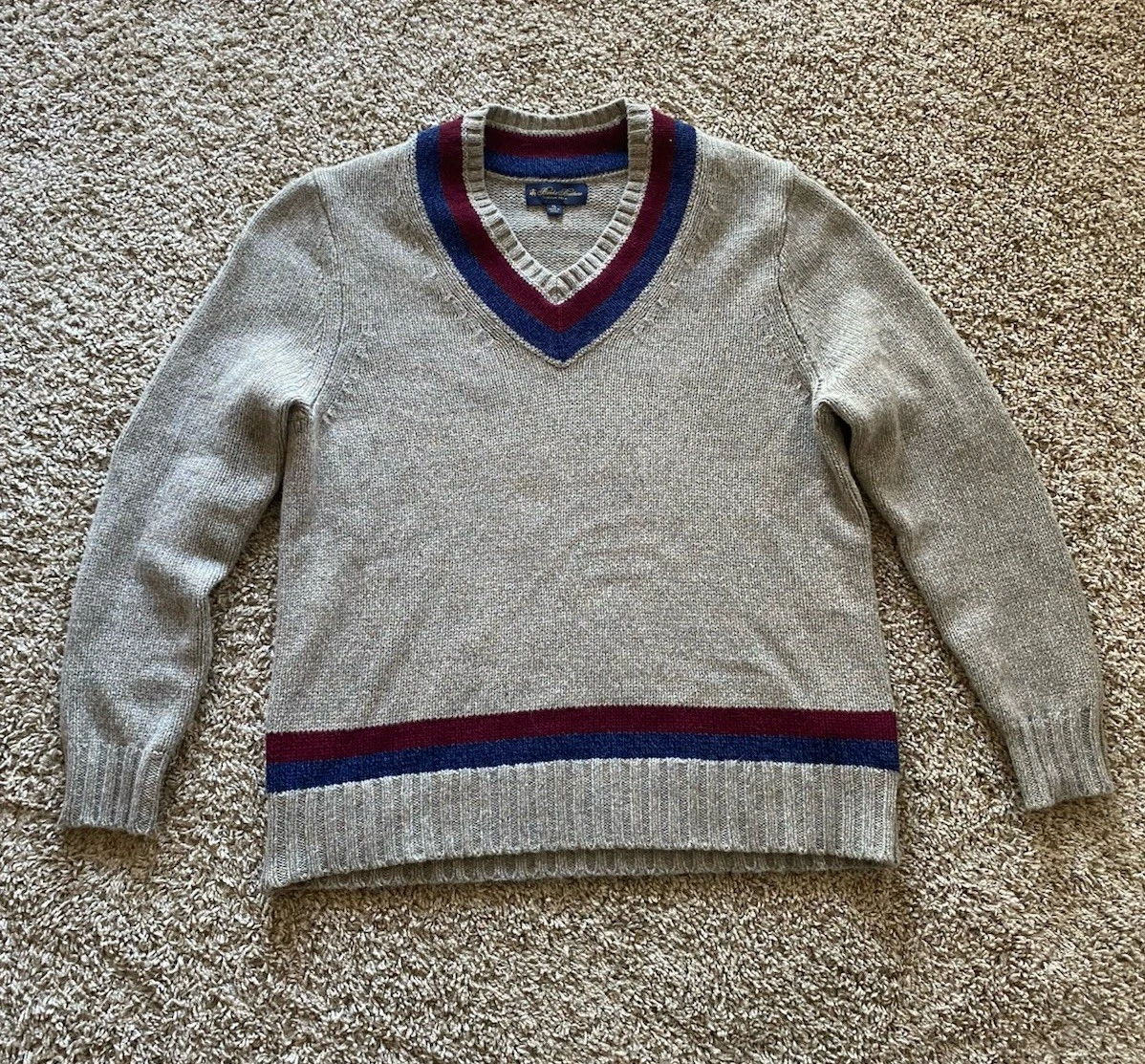 Brooks Brothers Vintage Light Gray Italian Wool Knit Sweater Red/BL Mens Size XL