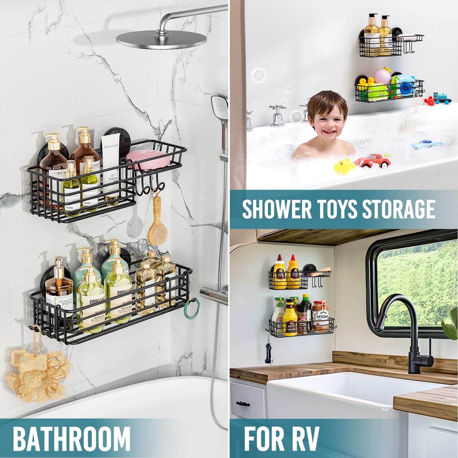 Shower Caddy Suction Cup 2 Pack with Hooks & Soap holder, Heavy Duty Shower O...