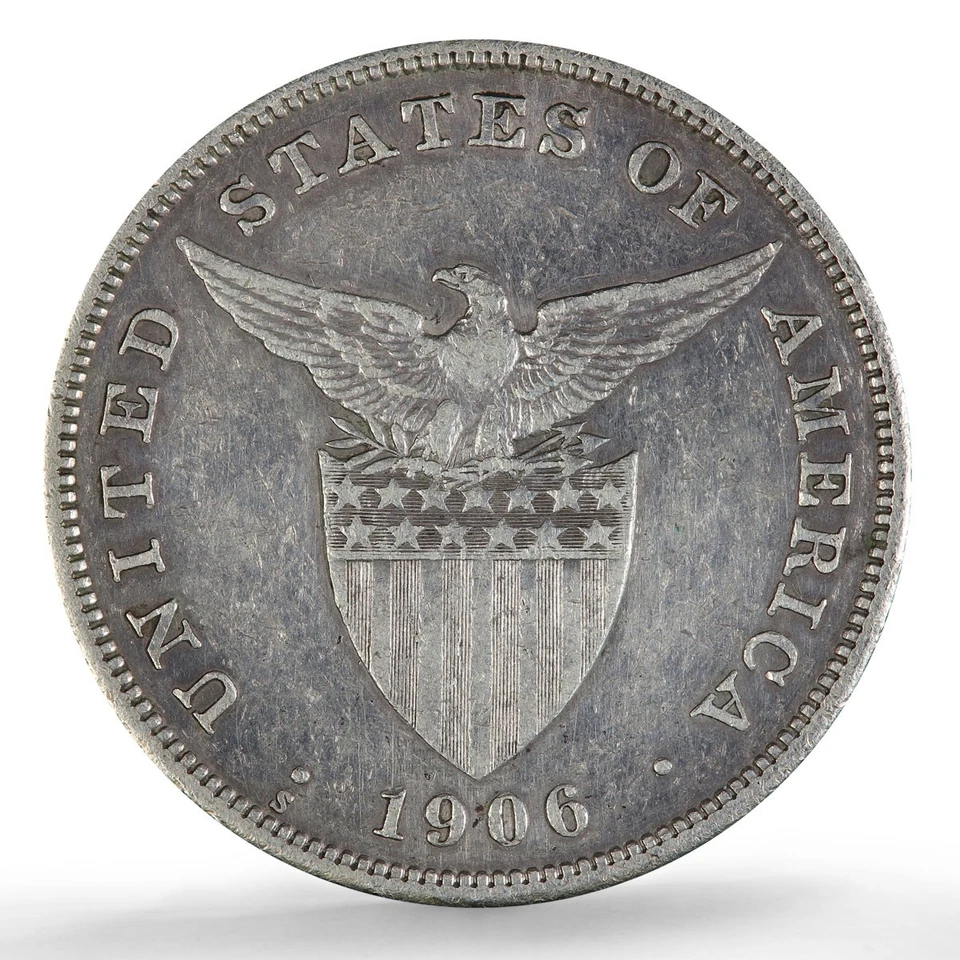 Серебряная монета Филиппины 1 песо США десятичная чеканка большой тип XF40 PCGS 1906 S - Изображение 2 из 4