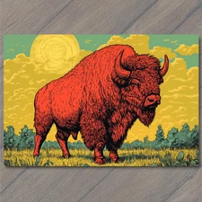 Art Print Red Bison Prairie Sun Glow Yellow Clouds Grass Field Surreal Wildernes