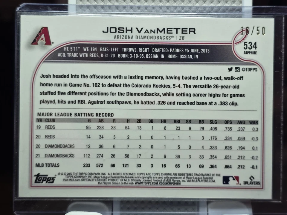 2022 TOPPS CHROME Gold /50 JOSH VANMATER DBACKS #534 - Image 3 of 3
