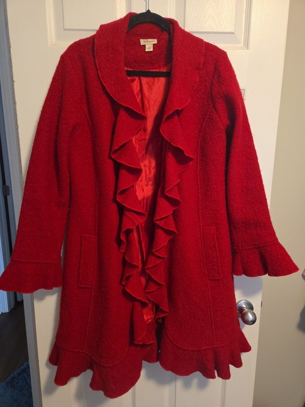 Red Maroon 100% Wool Ruffle Trim Zip Up VENARIO  3/4 Coat Jacket Womens Large L