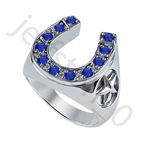 0.50Ct Lab Created Blue Sapphire 14K White Gold Over 2-Star Horseshoe Men's Ring - Picture 2 of 6