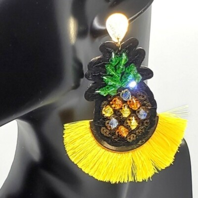 Yellow Colorful Beaded Pineapple Fun Fashion Stylish Trendy Fan Dangle Earrings