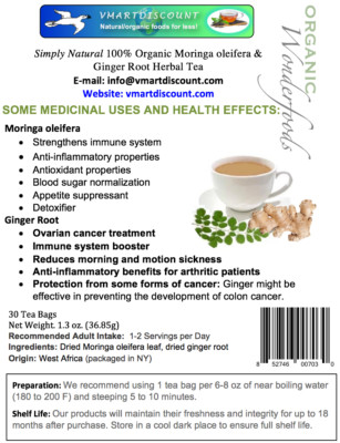 Moringa Ginger Herbal Tea 30 Tea Bags Caffeine Free, All Natural Premium Tea