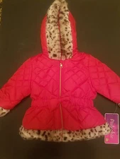 Pistachio Red with faux Leopard Trim Hooded Coat - Red and Leopard