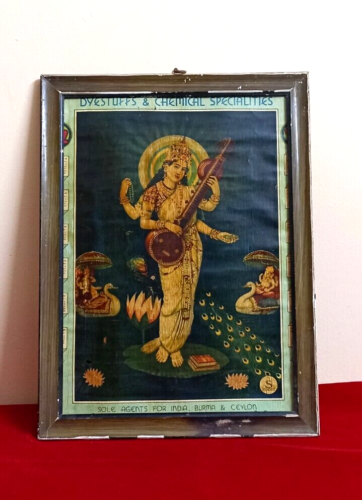 Hindu Religious Goddess Saraswati Antique Vintage Old Print Frame Wall Decor E69 - Foto 1 di 9