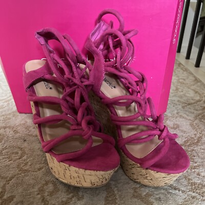    Pink Shoedazzle 7.5 Wedge High Heels - Ankle Strap Shoes Karlotta EUC