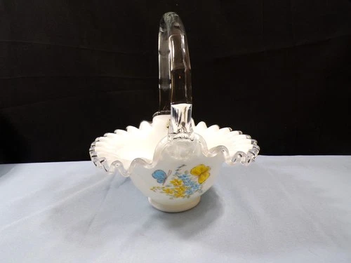 Fenton Hand Painted Milk Glass Silver Crest Basket - Blue & Yellow Butterflies
