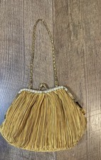 Gorgeous Vintage Gold Pleated Kiss Lock Evening Bag Rhinestone Trim Gold Chain
