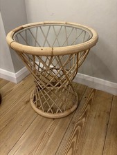 Vintage Rattan Side Table Glass Top Boho Plant Stand Hourglass Mid Century Style