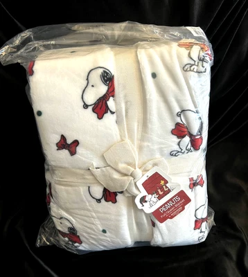 Berkshire Peanuts Snoopy White Bow Fleece Throw Queen Size Blanket 90"x90" New