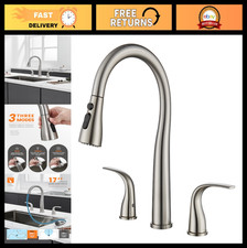 3 Hole Kitchen Faucet with Pull Down Sprayer, Brushed Nickel, Double Handle, Hig