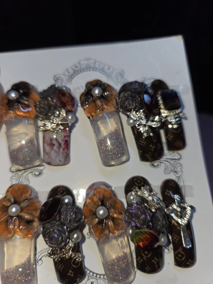 Press On Nails Handmade Large Long Curve Brown Waternails - Bild 3 von 4