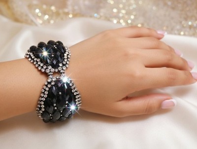 Black Rhinestone Cuff Bangle Bracelet Crystal Jewelry Prom Pageant Statement