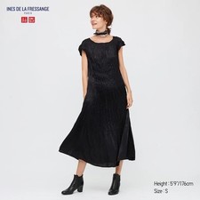 Ines De La Frassange x Uniqlo Black Satin Twist-Pleated Short-Sleeve Dress FA20