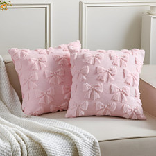 Pink Bow Pillow Covers Set of 2 Faux Fur Plush 18 x 18 Inch