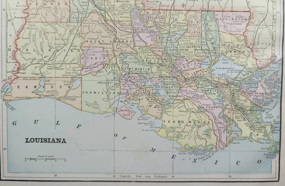 Mapa LOUISIANA 1892 14"x10" Antiguo Antiguo Original NUEVA ORLEANS BATON ROUGE Foto 3 de 4